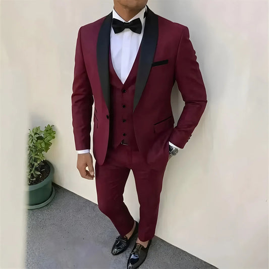 3 costumes homme coupe ajustée pour garçons d'honneur | Veste, gilet, pantalon violet en tissu non extensible et motif color block