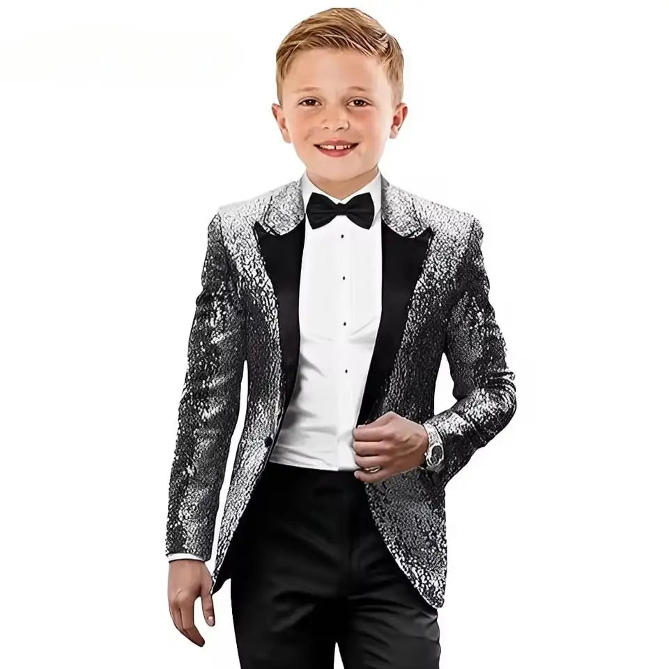 Kids Tuxedo Suits for Boys Gold Sequin Slim Fit Dress Clothes Formal 2 Piece Prom Party Shiny Tuxedo Blazer Pants