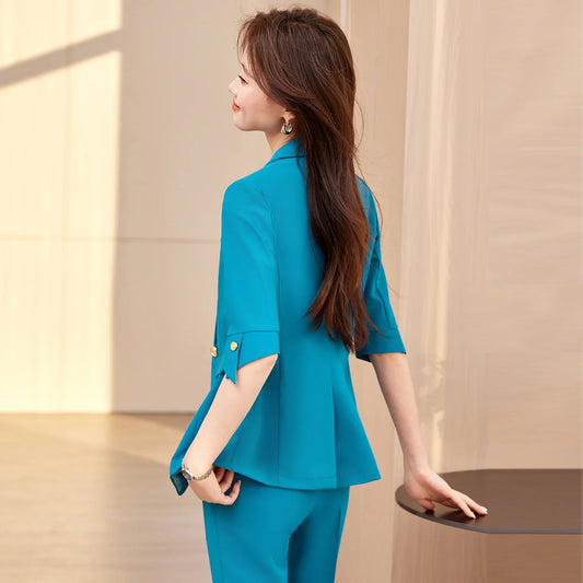 Fashionable professional women's wear, mid-sleeve suit jacket + pant. Exquisite elegant, new style for spring summer 2026
