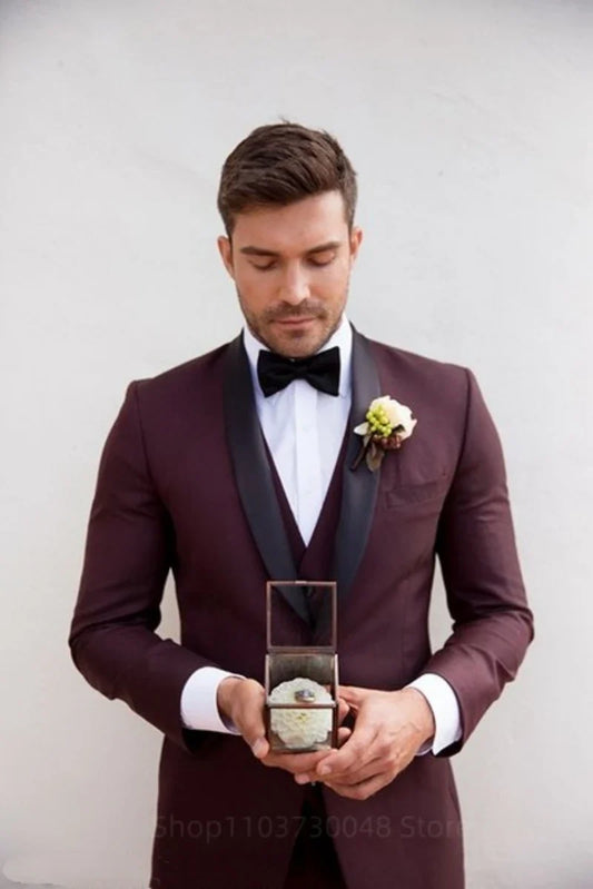 Classic Style 3 Piece Slim Fit Dark Burgundy Men's Tuxedo Suit Shawl Lapel Single Breasted Blazer Vest Pants Set for Party Groom