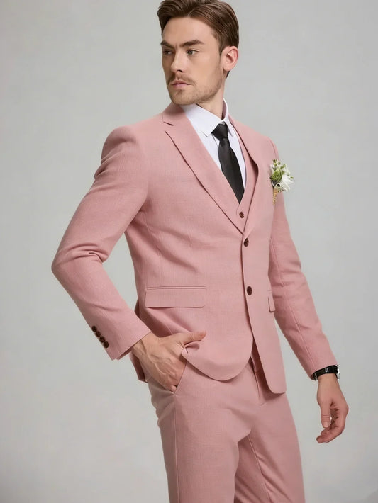 Summer Linen Men's Suits 3 Pieces Beach Wedding Outfit Breathable Handsome Tuxedo For Man Plus Size Notched Lapel Suit Set