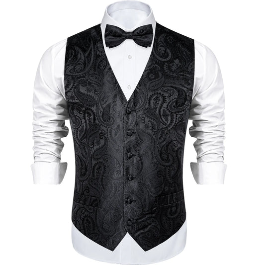 Men's Suit Vest with Necktie Bow Tie Handkerchief Cufflinks – Black Paisley Formal Waistcoat for Wedding & Tuxedo