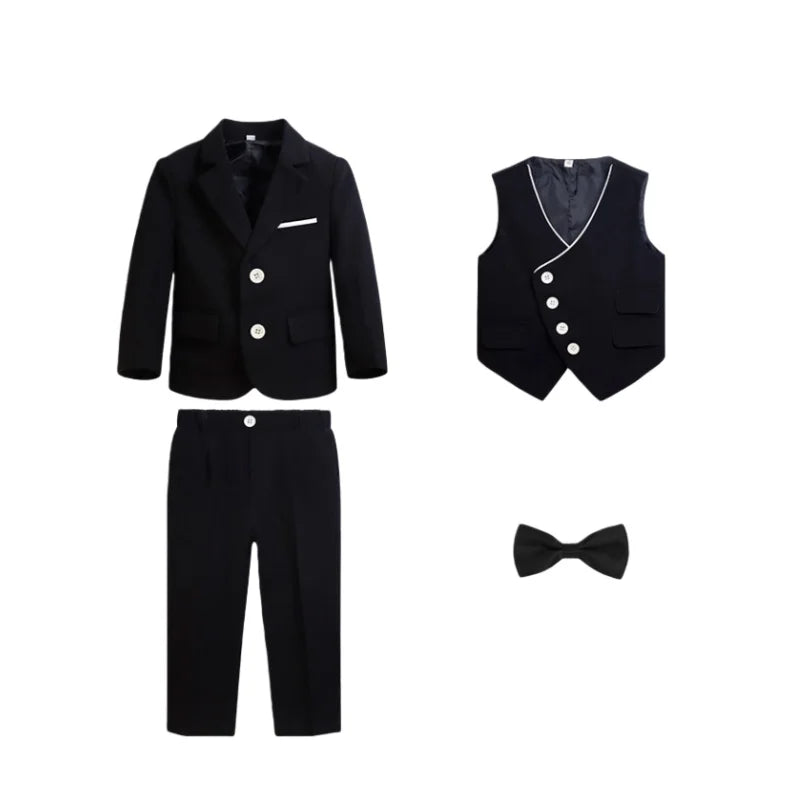 Kids 4Pieces Cerenmony Suit Set With Jacket Vest Pants Bowite Flower Boys Wedding Dress Children Birthday Photography Outfit