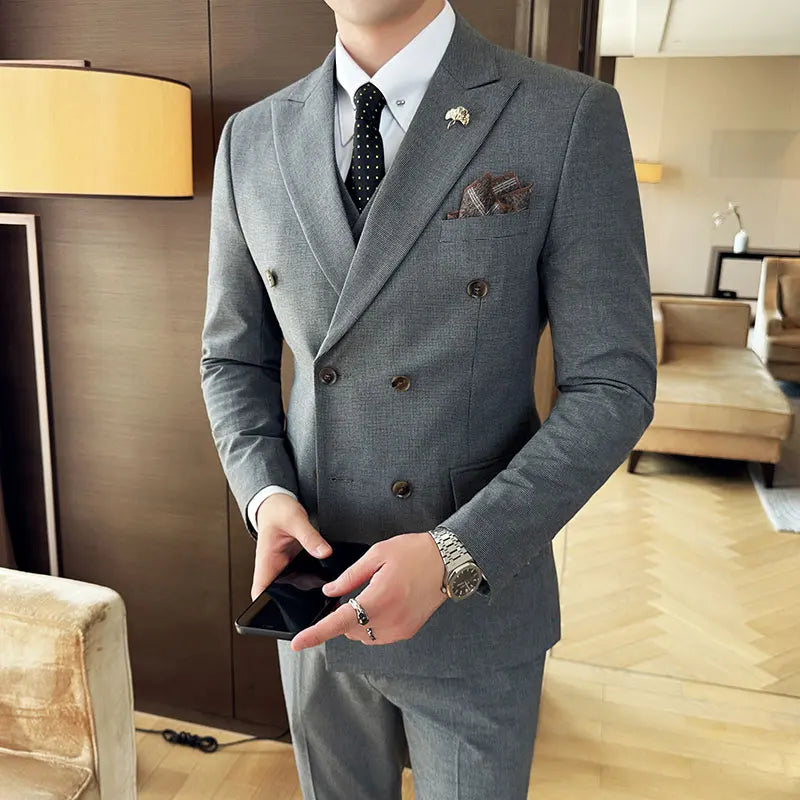 Autumn and winter high-end men's fashionable and stylish suit set, groom's wedding dress three-piece set, Korean-style slimming