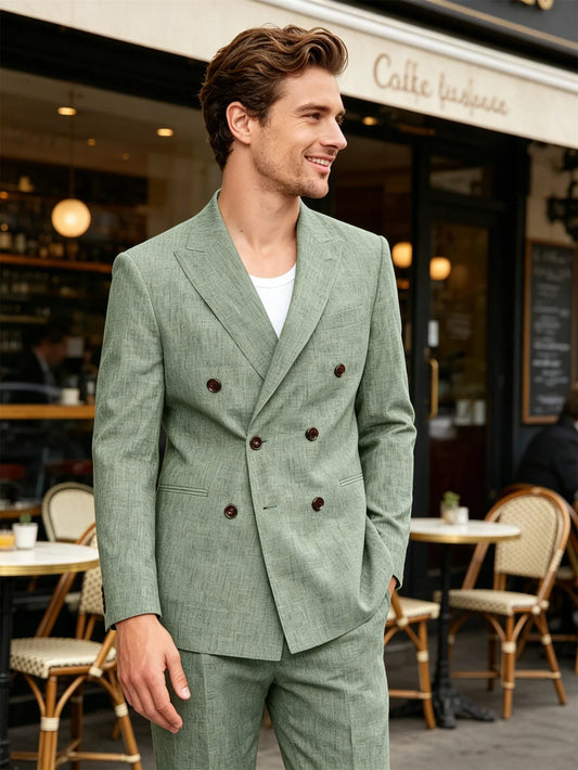 2 Piece Men’s Linen Blend Suit Set Double Breasted Peak Lapel Blazer Adjustable Waist Pants For Beach Wedding Business Casual
