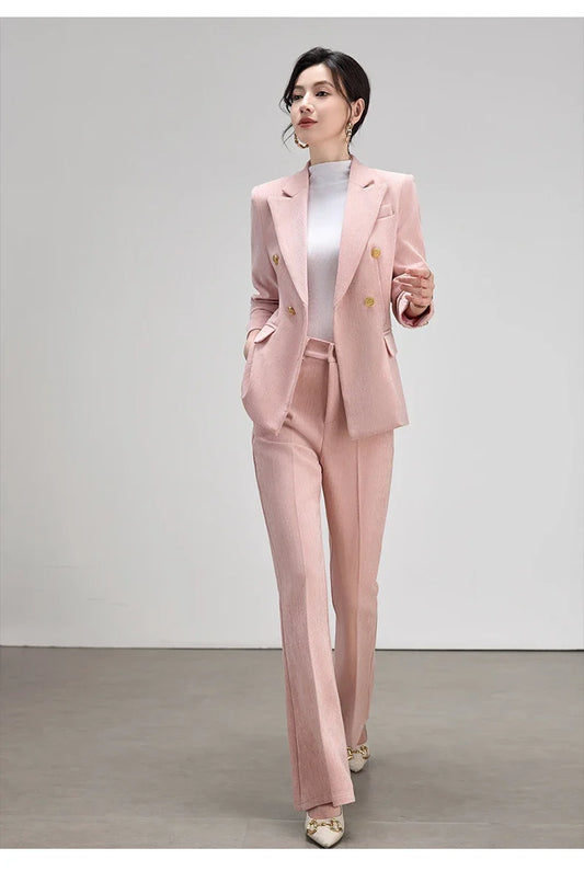 Elegant Autumn Winter Blazer Trousers Suits for Women 2026 Chic Business Work Outfit Vintage Corduroy Jacket and Pants Sets