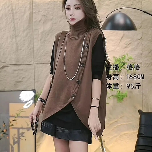 Women Large Size 4XL Knit Waistcoat Coat Ladies Irregular Sweater Vest Tops Autumn Female High Collar Sleeveless 