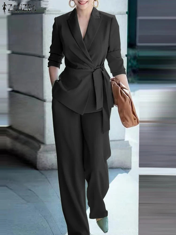 Spring 2pcs Office Women Matching Sets Solid Work OL Blazer Suits Fashion Long Sleeve Shirt Wide Leg Pant Sets Outfit 2026