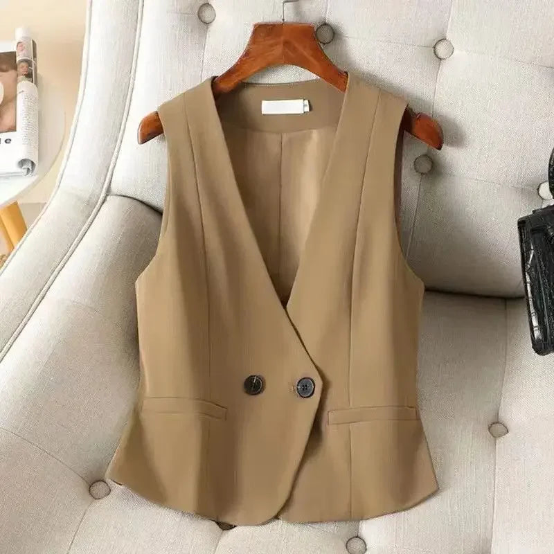 Women's Streetwear Fashion Double Breasted Suit Vest Casual Elegant Short Vest Office Ladies Waistcoat Female Sleeveless Jacket