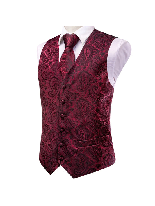 Men's Suit Vest Set Burgundy Floral Paisley Jacquard Waistcoat with Necktie and Pocket Square for Formal Occasions