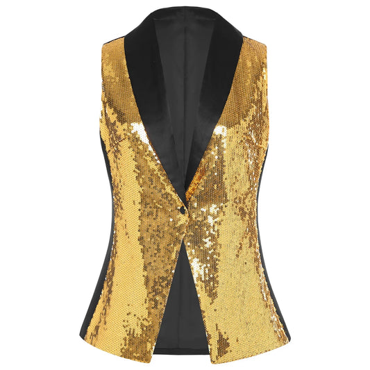 Suit Vest Womens Sleeveless Jacket Sparkly Sequin Waistcoat Stylish V-neck Sequin Waistcoats Banquet Jazz Dance Pageant Costume