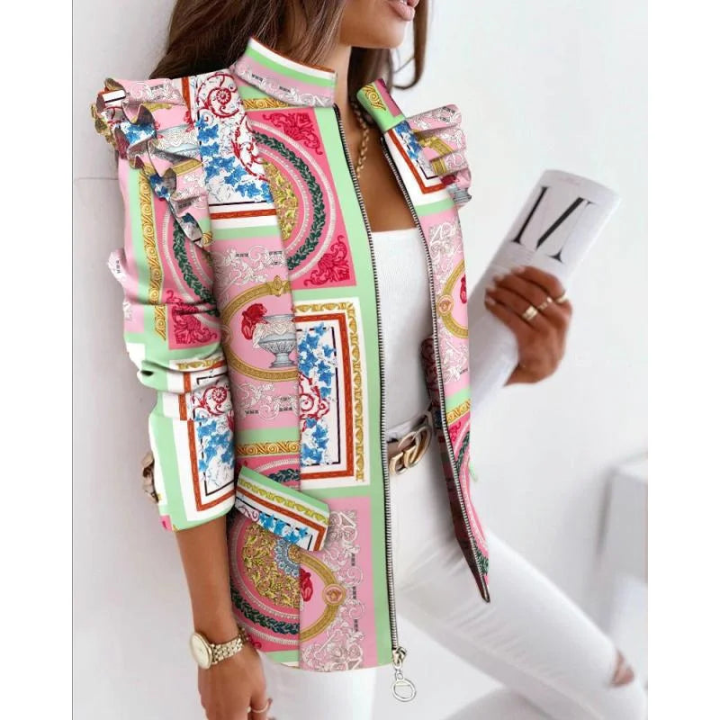 Autumn Winter Long Sleeve Print Blouse Women's Slim Fit Suit Jacket with Lace Hem Zipper Closure Fashionable Elegant Style