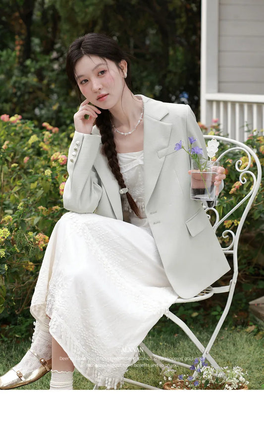 Blazer Jacket Loose Fit Lapel Collar Double Breasted Button Long Sleeve Woven Preppy Korean Casual Women Clothing L62257