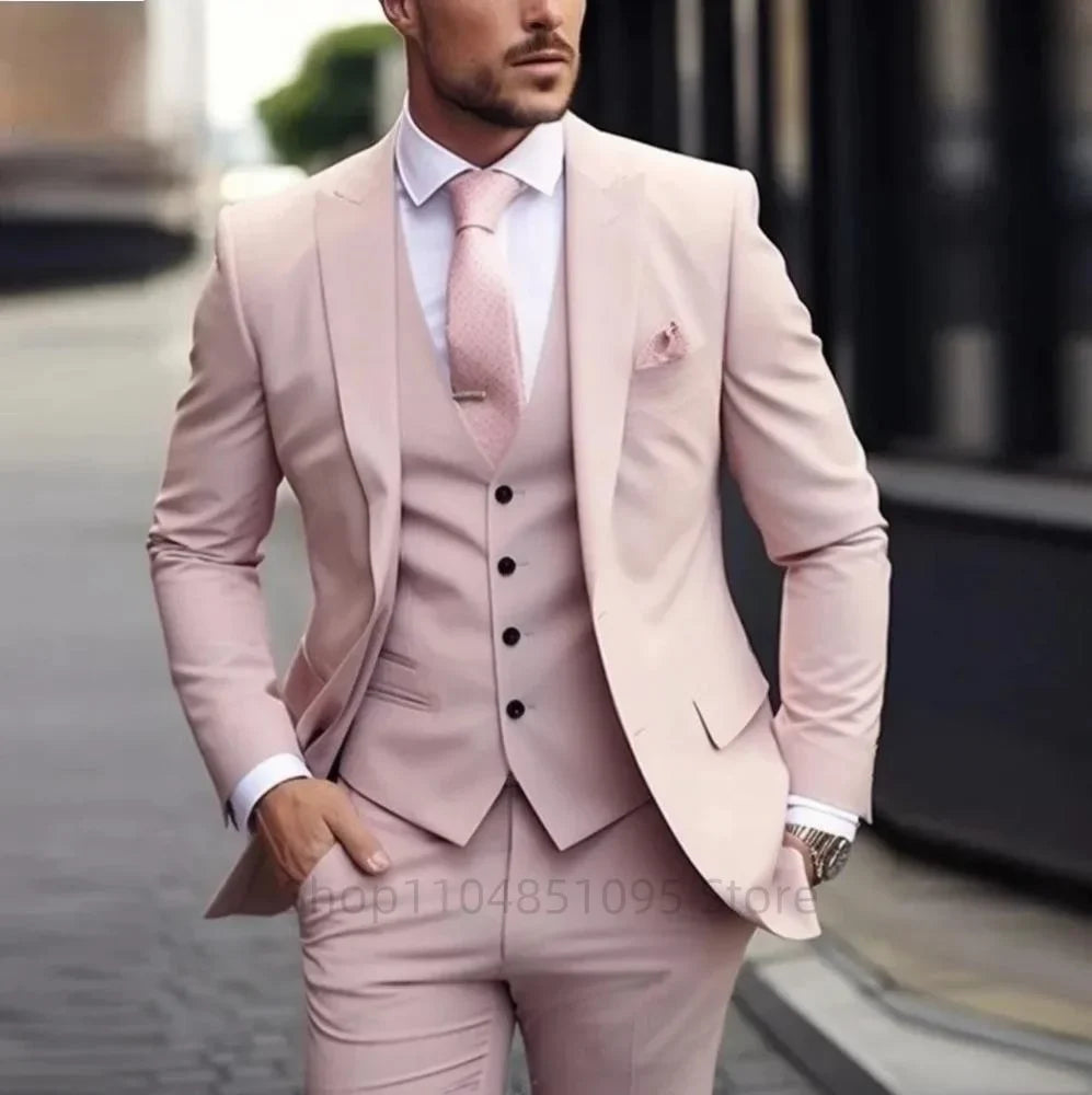 Elegant Gray Men's Suit Slim Fit Fashion Wedding Tuxedo 3 Piece Two Buttons Peak Lapel Blazer Vest Pants for Party Homme Costume