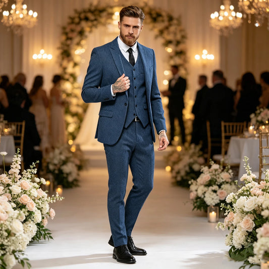 Classic Herringbone Tweed Mens Suits Stylish Vintage Tuxedo Set 3 Pieces Blazer Vest and Pant For Wedding Business Evening Party