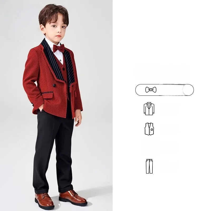 Spring Autumn Kids Blazer Vest Pants Bowtie 4Pieces Outfit Boy Birthday Party Wedding Host Piano Performance Costume