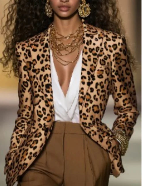 Spring Autumn 2026 Fashion Leopard Blazer Women Notched Slim Waist Jacket Coat Women Clothing Female Casual 63991