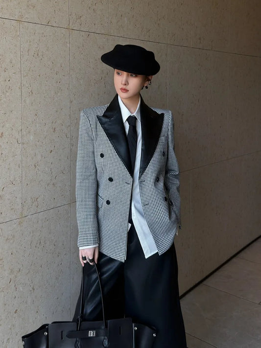 Female Vintage Plaid Suit Jacket Work Ladies Double Breasted Slim Fit Shoulder Padded Blazers Outerwear Notched Collar Coat