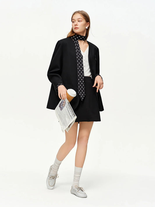 2025 Women's Black Polka Dot Blazer Spring New V-Neck Ribbon Bow Tie Long Sleeve Slim Jacket Retro Office Chic Outerwear