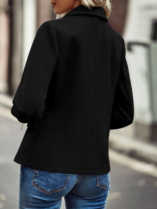 Women's Short Wool Blend Blazer Jacket 2026 Autumn Long Sleeve Notched Lapel Double Breasted Tailored Coat with Fake Pocket