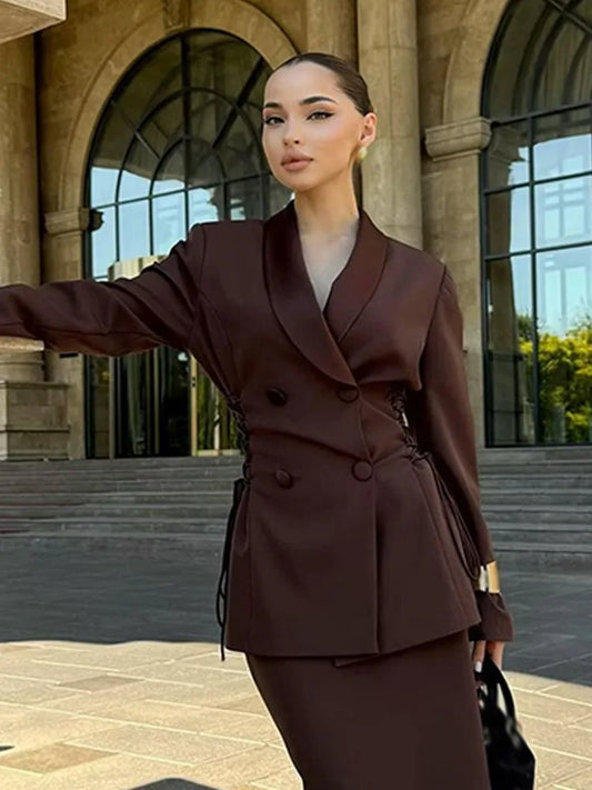 Woman Autumn Fashion Jackets Solid Turn-Down Collar Long Sleeve Lace-Up Decoration Double Breasted Female Casual Chic Coats