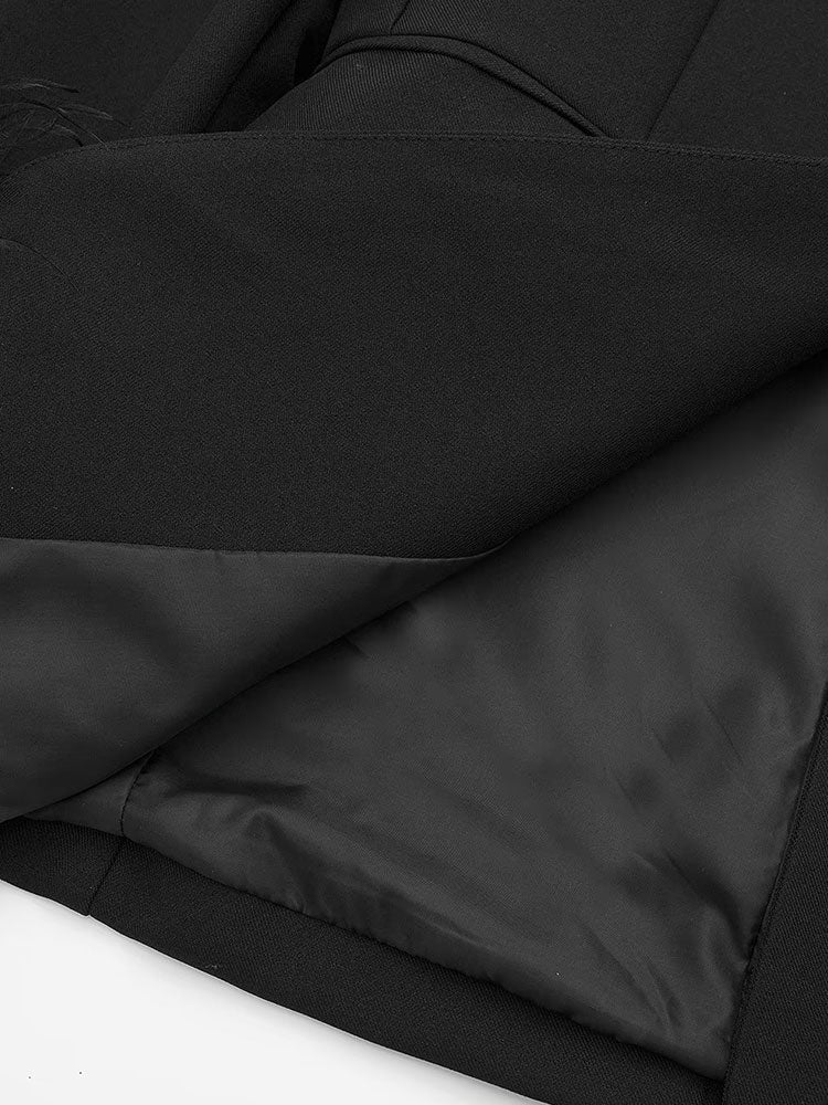 Women Fashion Satin Black With Feather Blazer Jacket Vintage Notched Neck Single Button Long Sleeves Female Outfits