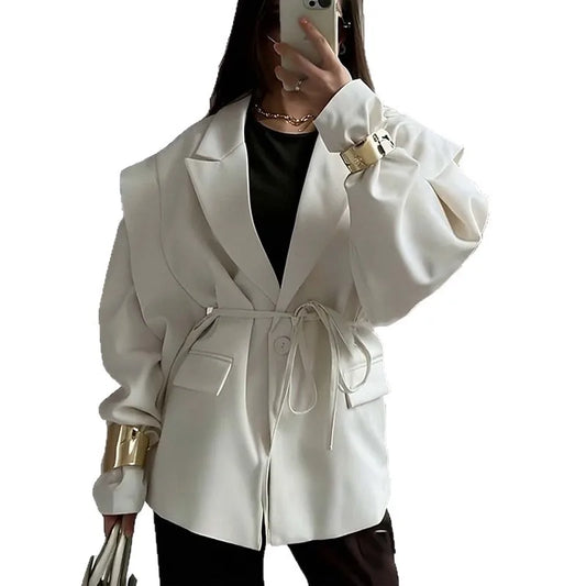Spring Autumn Fashion Women's Pure Color Belted Shoulder Pad Suit Coat Commute Style Loose Fit Long Sleeve Regular Length