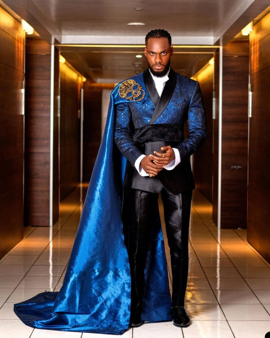 Blue Jacquard Men Suit 2 Pieces Slim Fit Tailor-Made With Belt Fashion Palace Prince Wedding Groom Work Wear Causal Tailored