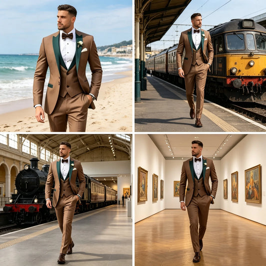 Classic Formal Men's Business Groom Tuxedo 3 Piece Blazer Vest Pants Brown Suit Set For Men Wedding Party Prom Outfit Men Clothe