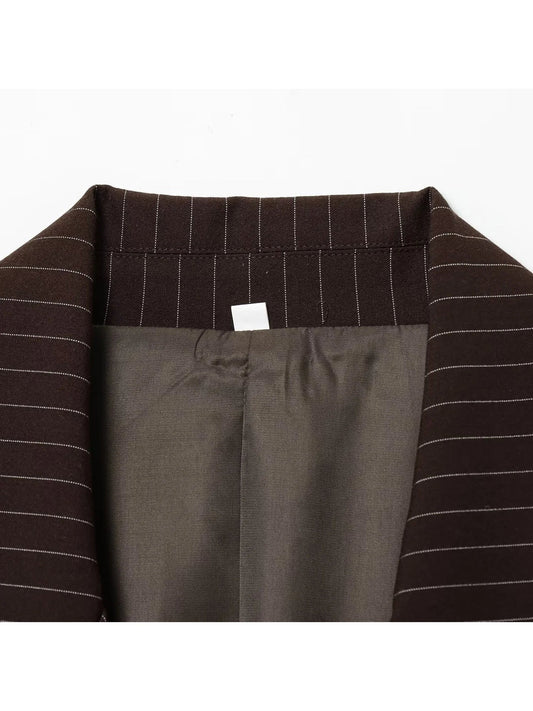Women's Brown Striped Blazer Jacket Vintage Outerwear Single Breasted Long Sleeve Suit Coat Harajuku Y2k 2000s Spring Autum 2025