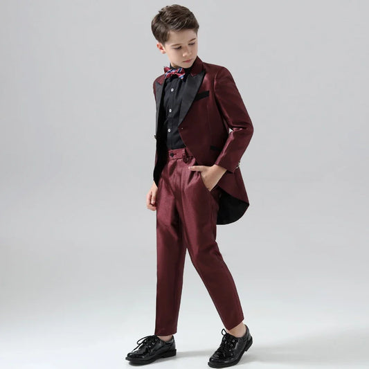 Boy Suits 2 Piece Chic Peak Lapel Satin Wedding Party Tailcoats Elegant One Button Performance Graduation Fashion Kids Clothes