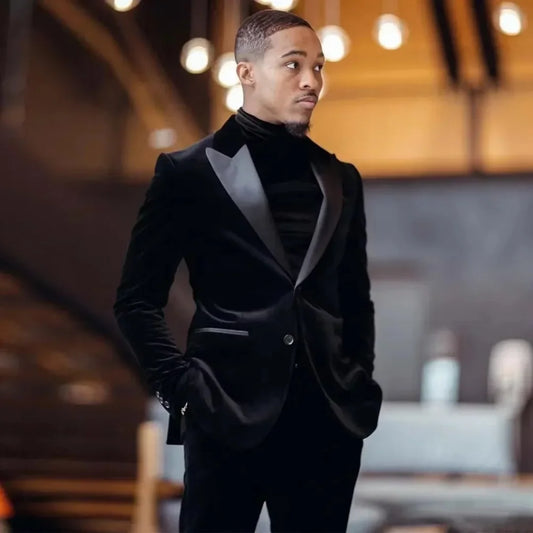 Elegant Velvet Men's Suits Slim Fit - Premium Wedding Tuxedo Set (Jacket+Pants) - Black Peaked Lapel Blazer for Groom