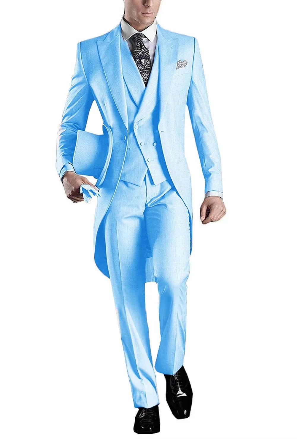 Men's 3-Piece Solid Long Tailcoat Tuxedo Set Formal Wedding Groom Clothing Jacket Pants Vest for Prom Party Fashion Male Suits