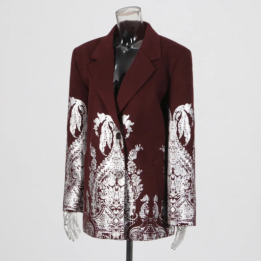 Autumn Winter New Women Blazer Printed Single Breasted Long Sleeve Elegant Fashion Personality High-end Woolen Coat HK17819