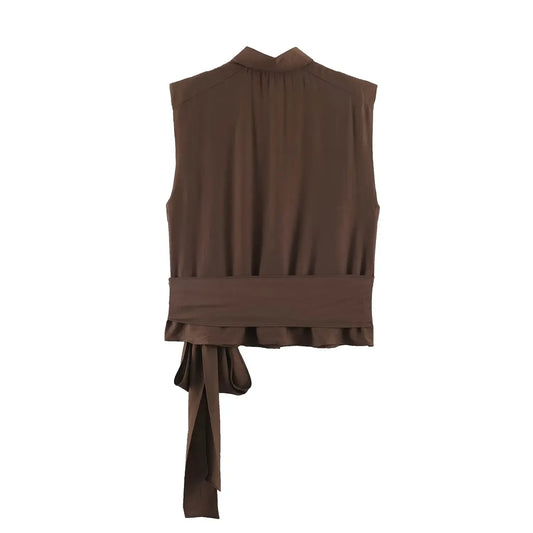2026 Women Satin Sleeveless Shirt Lapel Collar Button Down Blouse Side Self Tie Waist Knot Slim Fit Elegant Office Tank Top