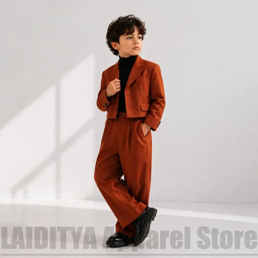Kids Boys Retro Cropped Suit 2 Piece Blazer Wide Leg Trousers Outfit For Wedding Birthday Party Stage Show Casual Formal Tuxedo