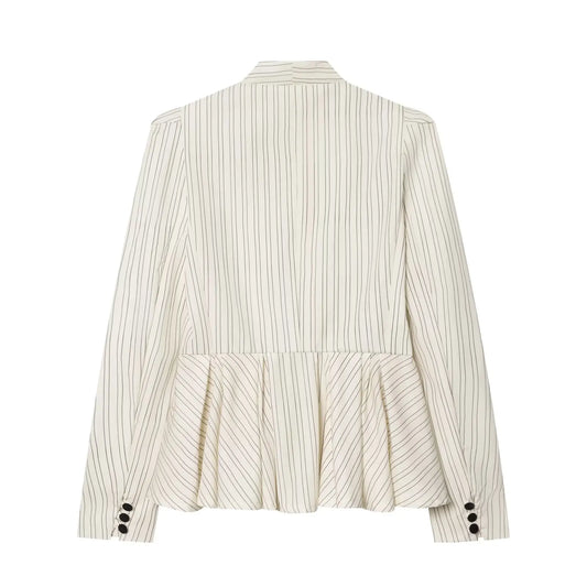 Women Fashion Striped Pleated Single Breasted Blazer Vintage V-Neck Long Sleeves Female Chic Lady Outfits