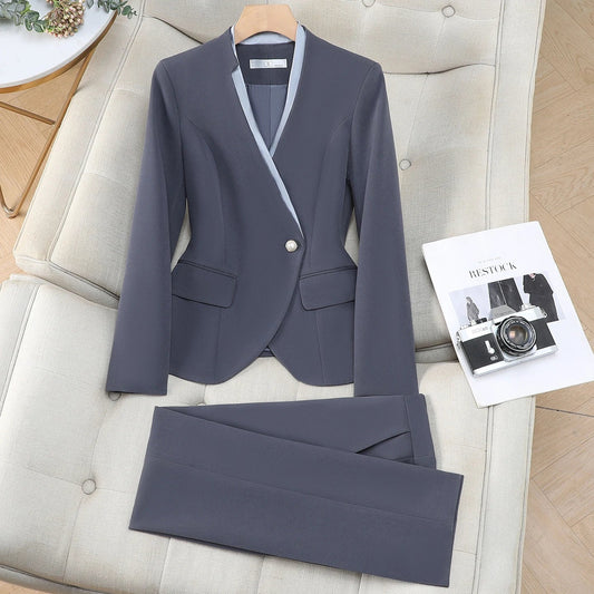 Elegant Women's Trousers Suit Blazer and Pants Sets Two Pieces Outfit Blue Formal Office Lady Work Wear Plus Size Suits