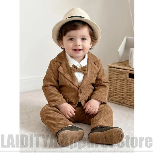 Baby Boys Brown Corduroy Suit 2 Piece Fashion One Button Blazer Pants Infant Outfit Wedding Birthday Party Formal Daily Wear