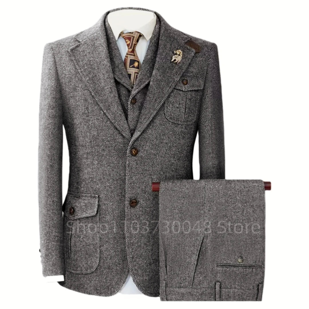 Men's Gray Wool Tweed Slim Fit 3 Piece Suit Winter Formal Herringbone Business Tuxedo Groom Male Jacket Vest Pants Set