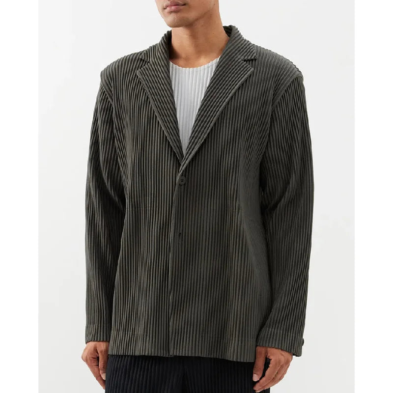 Men's Miyake Pleated Style Blazer Jacket Japanese Casual Stretch Slim Fit Business Office Fashion Luxury Wrinkle Resistant Coat