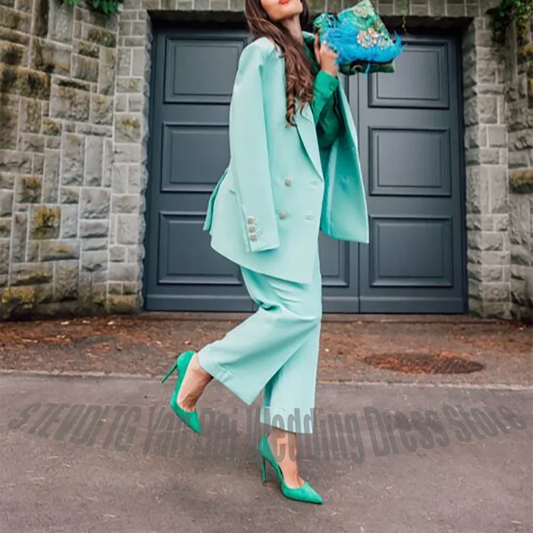 Two Piece Women Suits Pant Set Pure Color Double Breasted Birthday Evening Formal Event Elegant Female Outfit Jacket With Pants