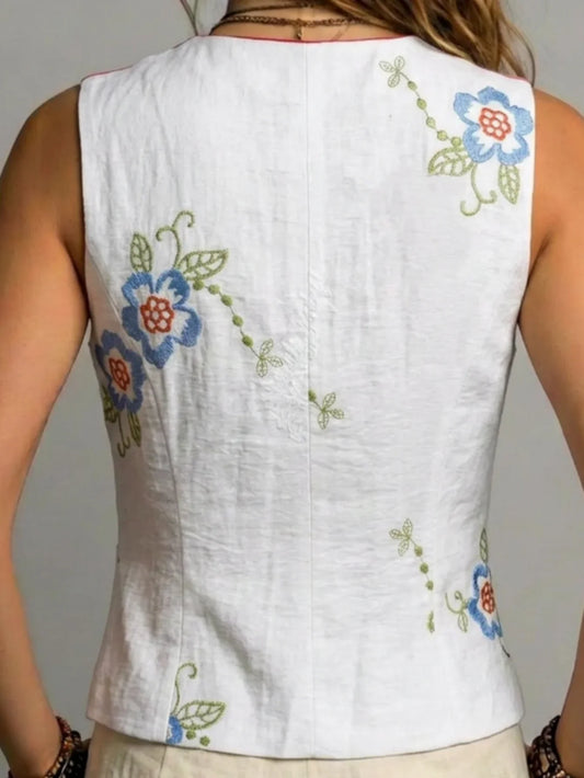 New Women’s V-Neck Linen Vest for Spring Summer Autumn Random Embroidery, Single-breasted Waist-cinching Design, Fake Pockets El