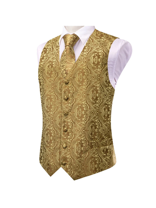 Men's Suit Vest Set Jacquard Waistcoat with Matching Tie and Handkerchief for Prom and Business Events – Golden Floral Paisley