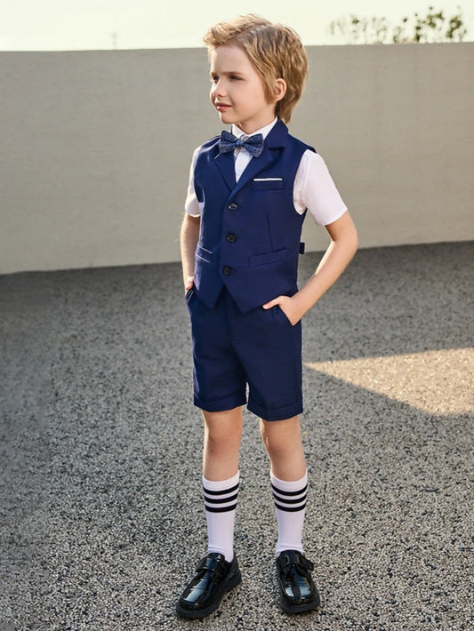 Navy Blue Children' Suit Set 4 Pieces Wedding Ring Bearer Outfit Summer Comfortable Boys Suits Performance Outfit