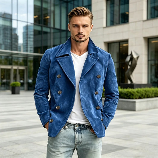 Men's Retro Suede Double Breasted Blazer Lapel Slim Fit Jacket Classic Business Casual Outerwear Formal Coat For Party Office 