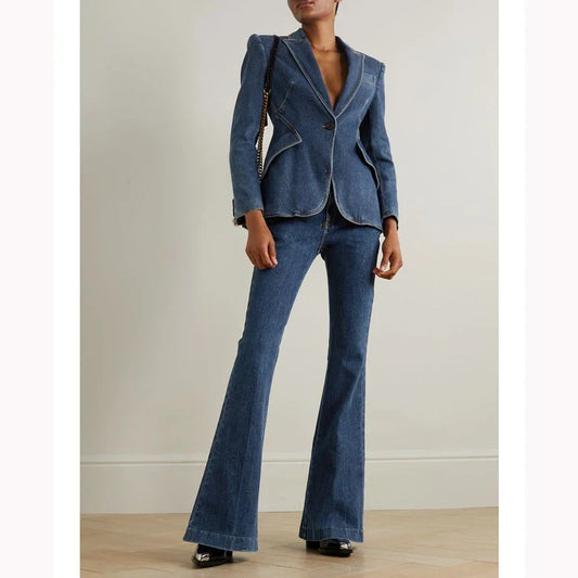 Cowboy Blue Women Suit Fitted Slim Chic Customized Single-grain Buckle Two Pieces(Jacket+Trousers) Ladies Business Office Set