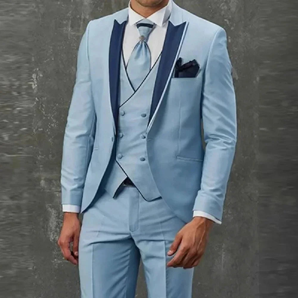 Sky Blue Men's Suits Custom Slim Fit Smart Casual Tuxedo Male Wedding Groom 3 Piece Terno Masculinos Completo