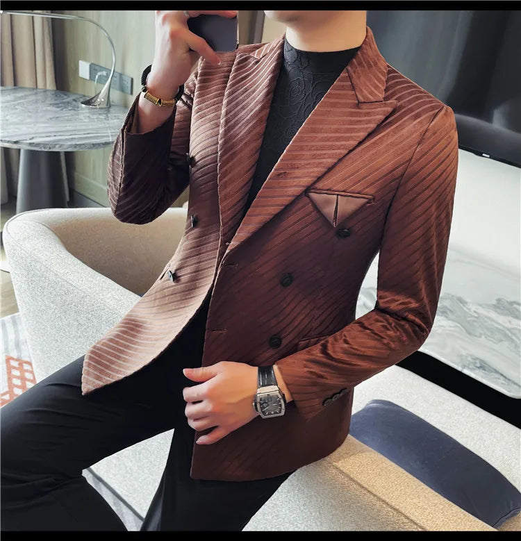 British Style Double Breasted Suit Jacket Men Striped Casual Business Blazers High Quality Wedding Social Banquet Dress Coats