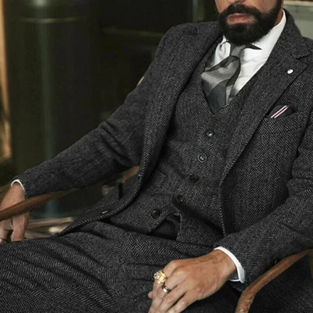 Men's Tweed Wool Slim Fit Formal 3-Piece Suit – Fishbone Weave, Wedding & Smoking Style